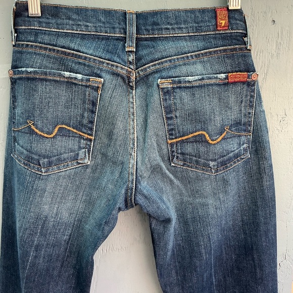 7 for all Mankind Jeans Womens Size27 Yellow Pocket Dark Blue Distressed Bootcut - Picture 3 of 9